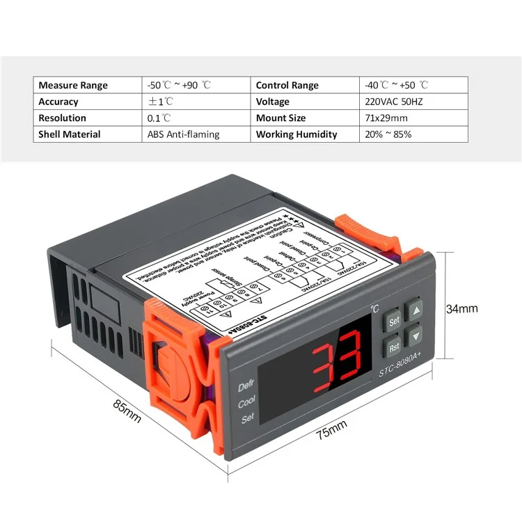 Controlador de Temperatura Digital STC-8080A+ Refrigerador Termostato de Controle Descongelamento Automático com Sonda de Sensor NTC 220V