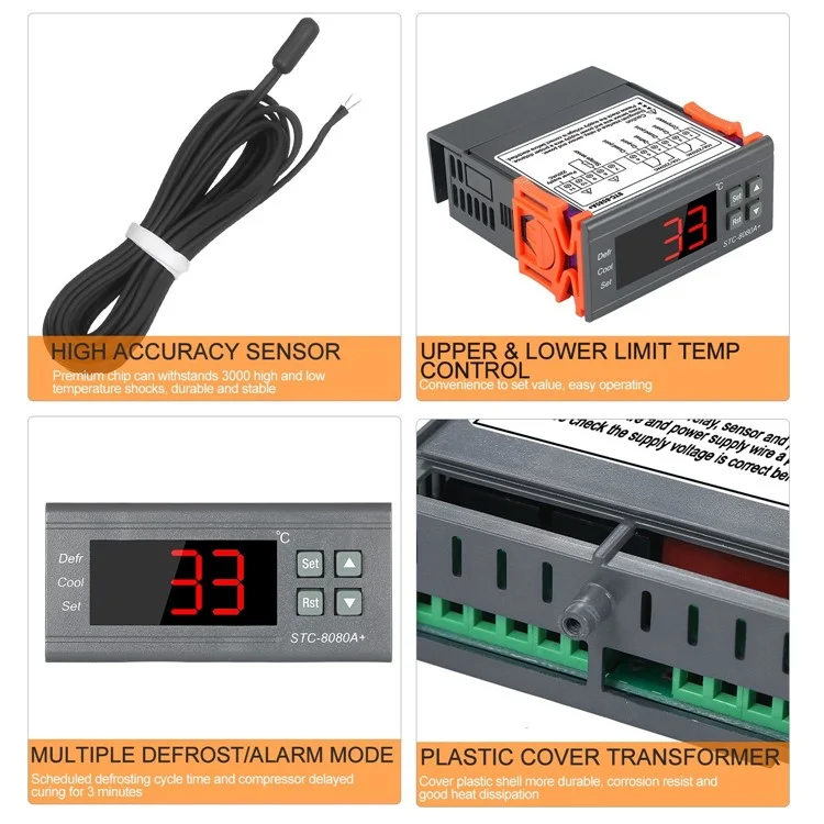 Controlador de Temperatura Digital STC-8080A+ Refrigerador Termostato de Controle Descongelamento Automático com Sonda de Sensor NTC 220V