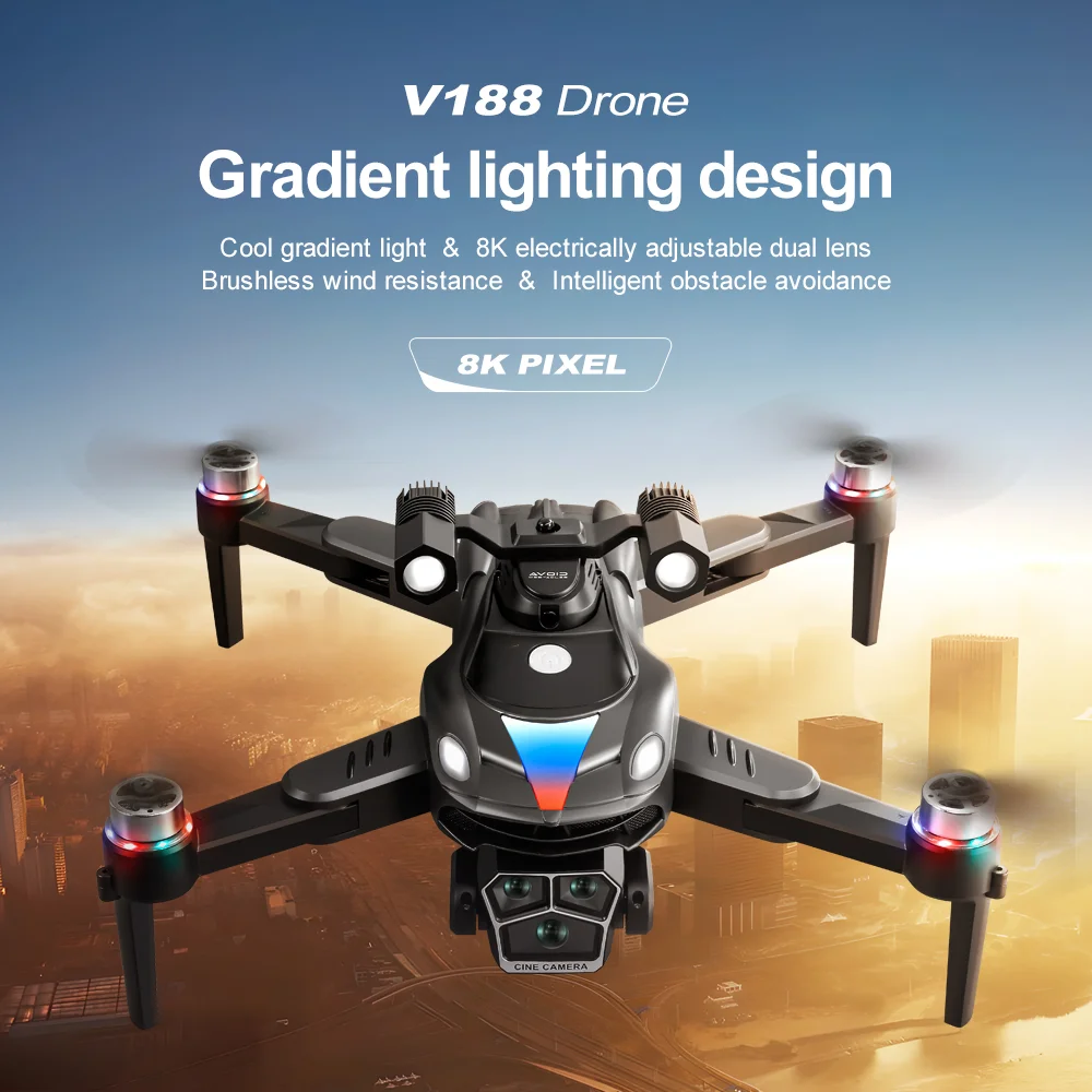 V188 Obstacle Avoidance Brushless Quadcopter HD Camera Searchlight RC Drone, 2 Batteries - Grey 1