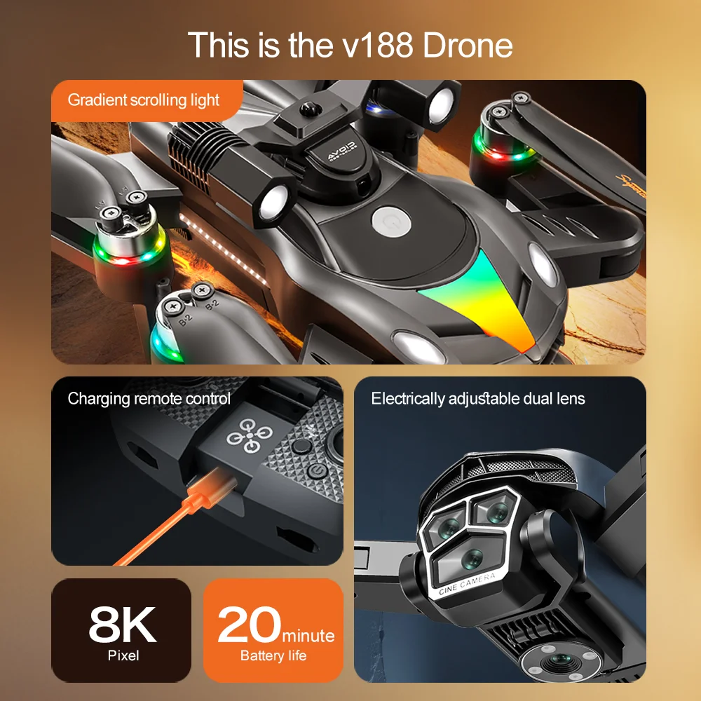 V188 Obstacle Avoidance Brushless Quadcopter HD Camera Searchlight RC Drone, 2 Batteries - Grey 2