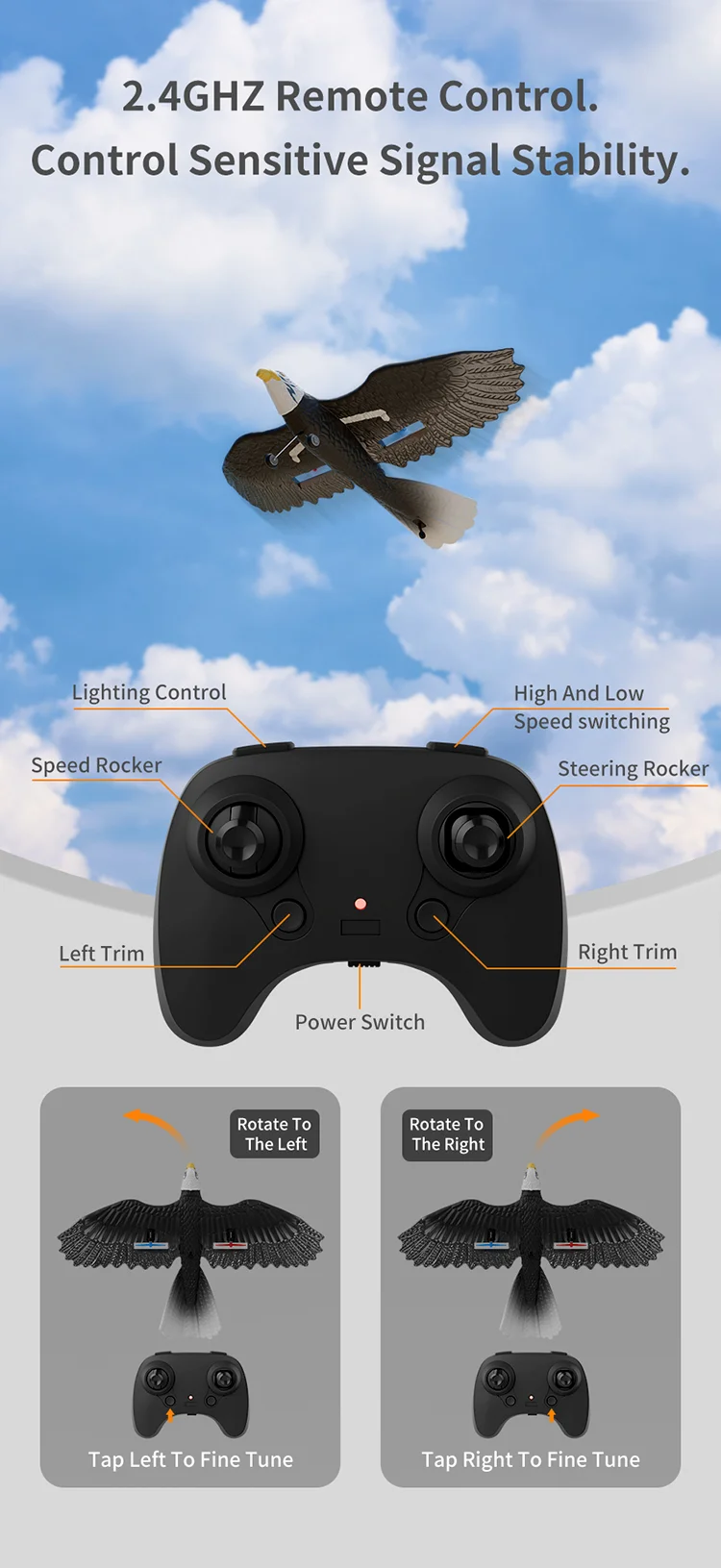 HW40 RC Plane Remote Control Eagle Plane 2.4GHZ 2.5CH Flying Bird RC Glider with 6-axis Gyro 8