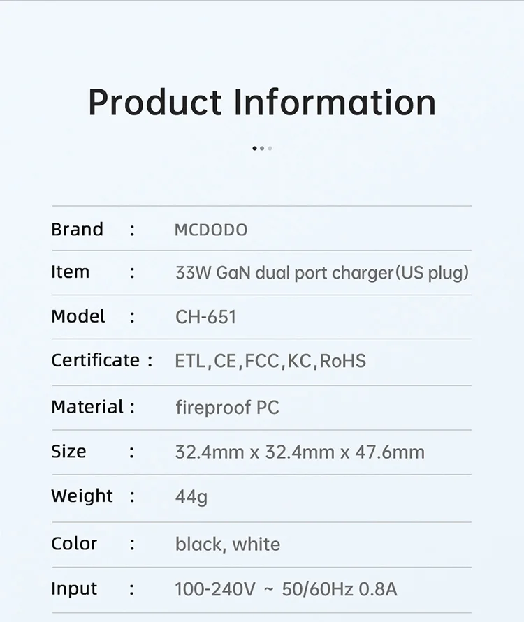 MCDODO CH-651 Nano Series PD33W USB-A + USB-C Dual Port Wall Charger Adapter US Plug - White 10