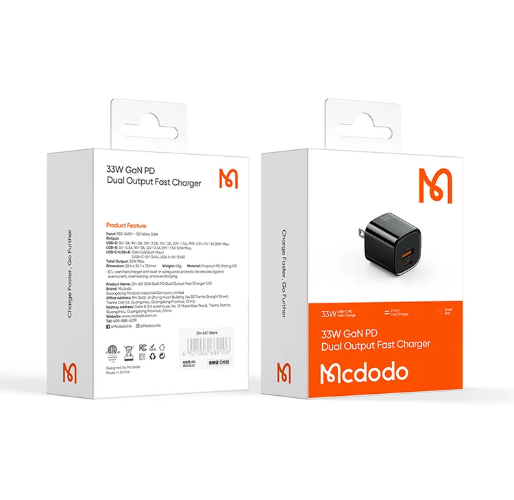 MCDODO CH-651 Nano Series PD33W USB-A + USB-C Dual Port Wall Charger Adapter US Plug - White 12