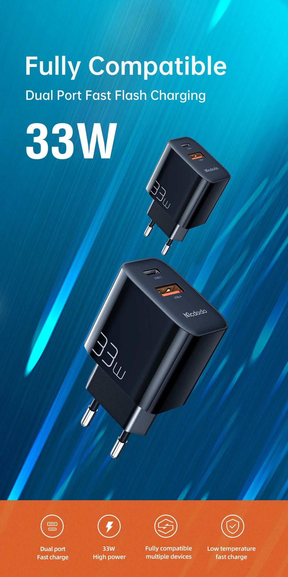 MCDODO CH-0921 MDD PD33W USB-A + Type-C Dual Output Fast Charger Cell Phone Charger - EU Plug 1