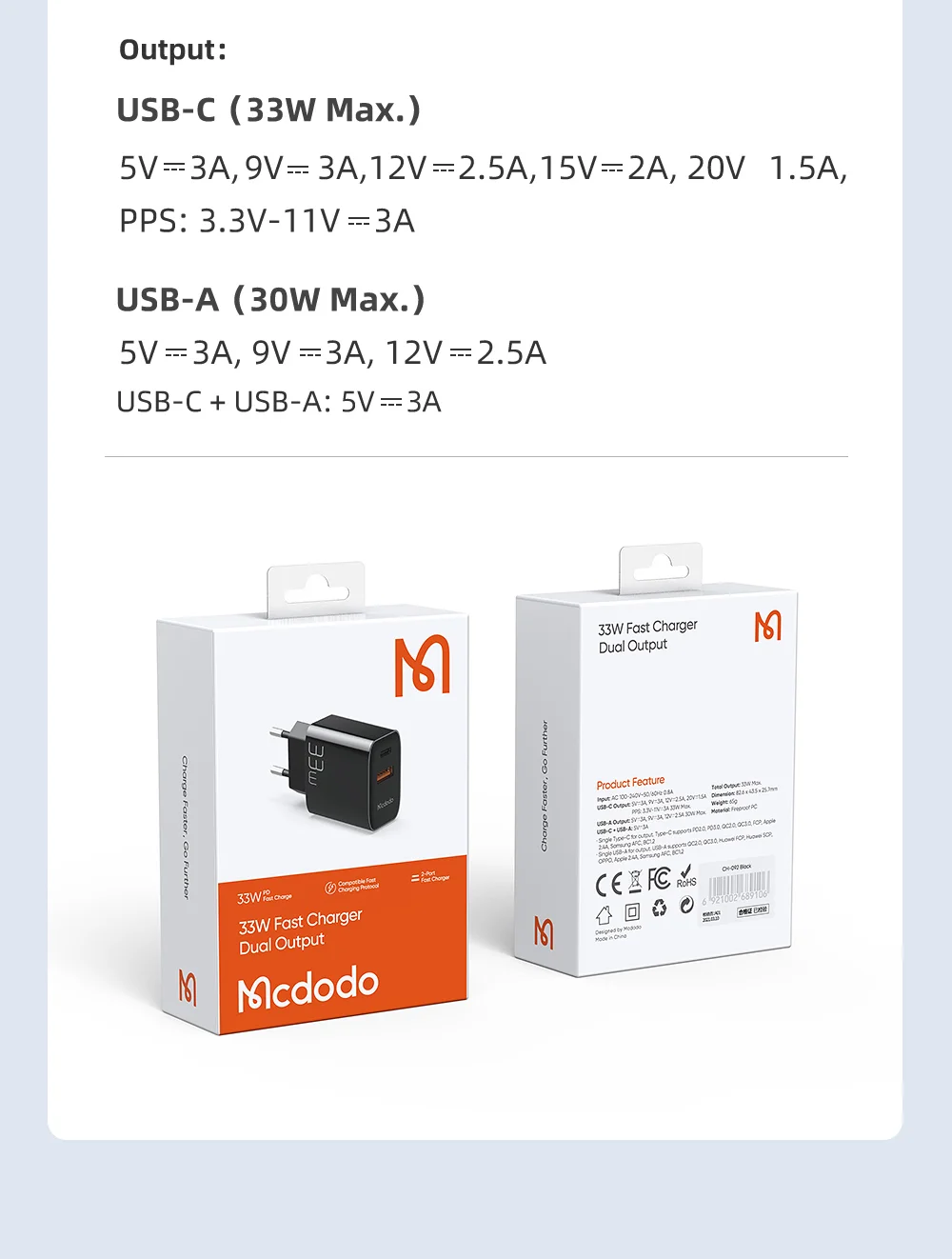 MCDODO CH-0921 MDD PD33W USB-A + Type-C Dual Output Fast Charger Cell Phone Charger - EU Plug 12