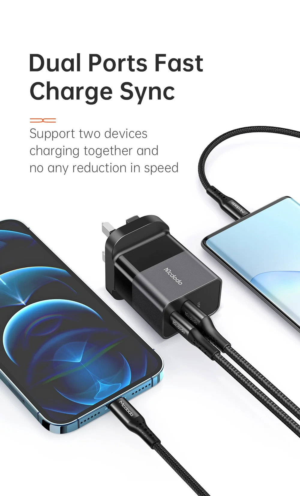 MCDODO CH-130 PD 20W Fast Charging Adapter USB+Type-C Dual Port Wall Charger - Black/UK Plug 6
