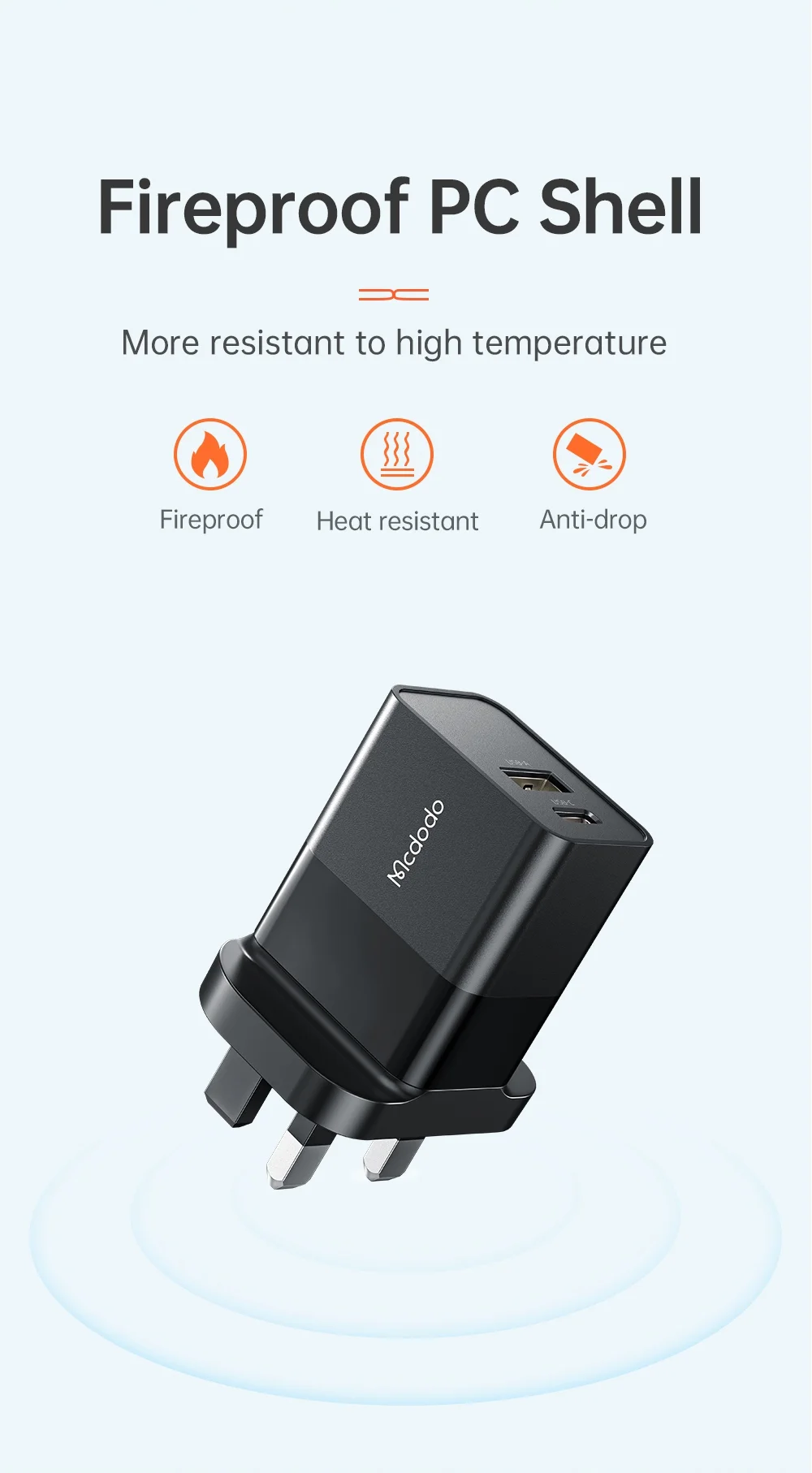 MCDODO CH-130 PD 20W Fast Charging Adapter USB+Type-C Dual Port Wall Charger - Black/UK Plug 8