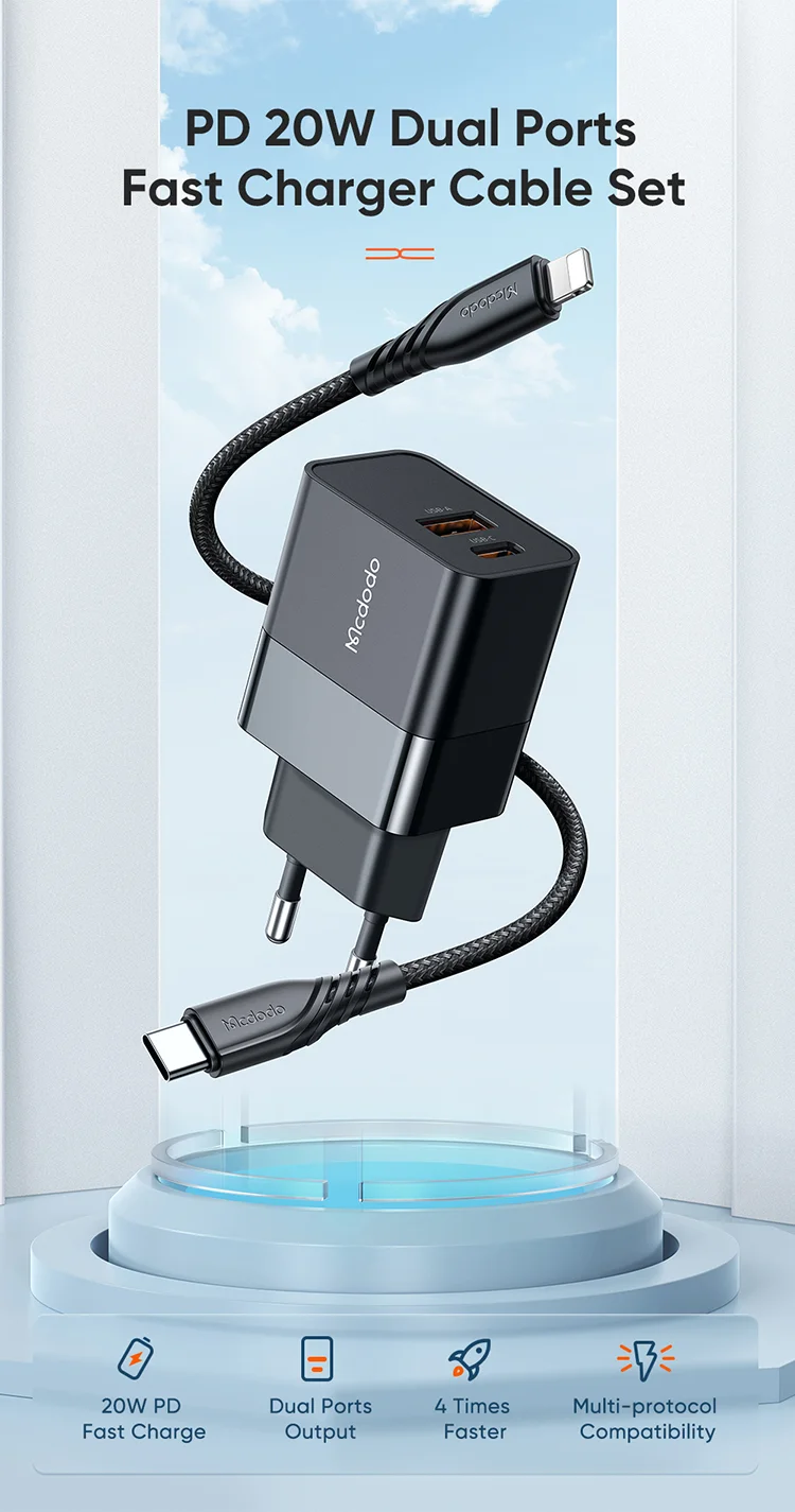 MCDODO MDD Hydrogen Series USB-A + Type-C PD 20W Phone Fast Charging Adapter Wall Charger with Cable - EU Plug/Black 1