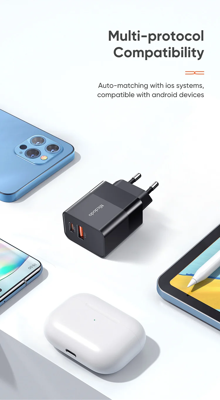 MCDODO MDD Hydrogen Series USB-A + Type-C PD 20W Phone Fast Charging Adapter Wall Charger with Cable - EU Plug/Black 10