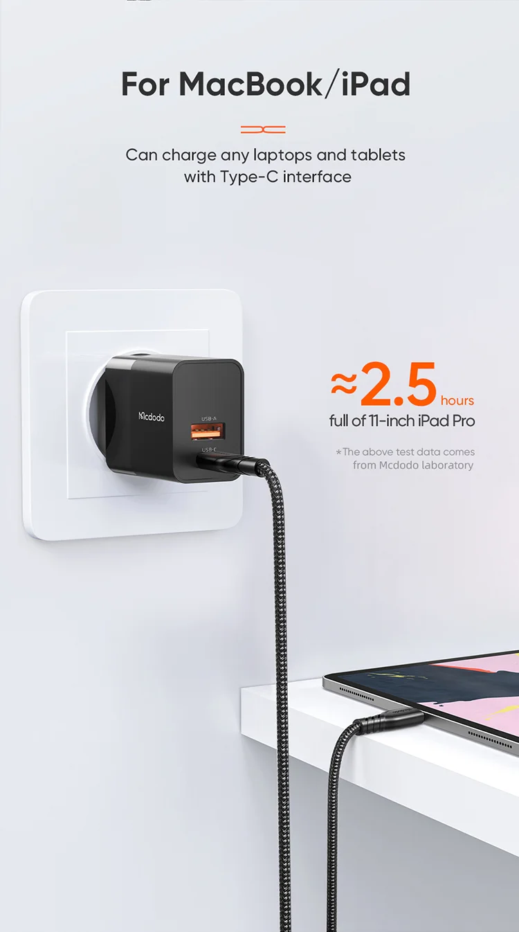 MCDODO MDD Hydrogen Series USB-A + Type-C PD 20W Phone Fast Charging Adapter Wall Charger with Cable - EU Plug/Black 4