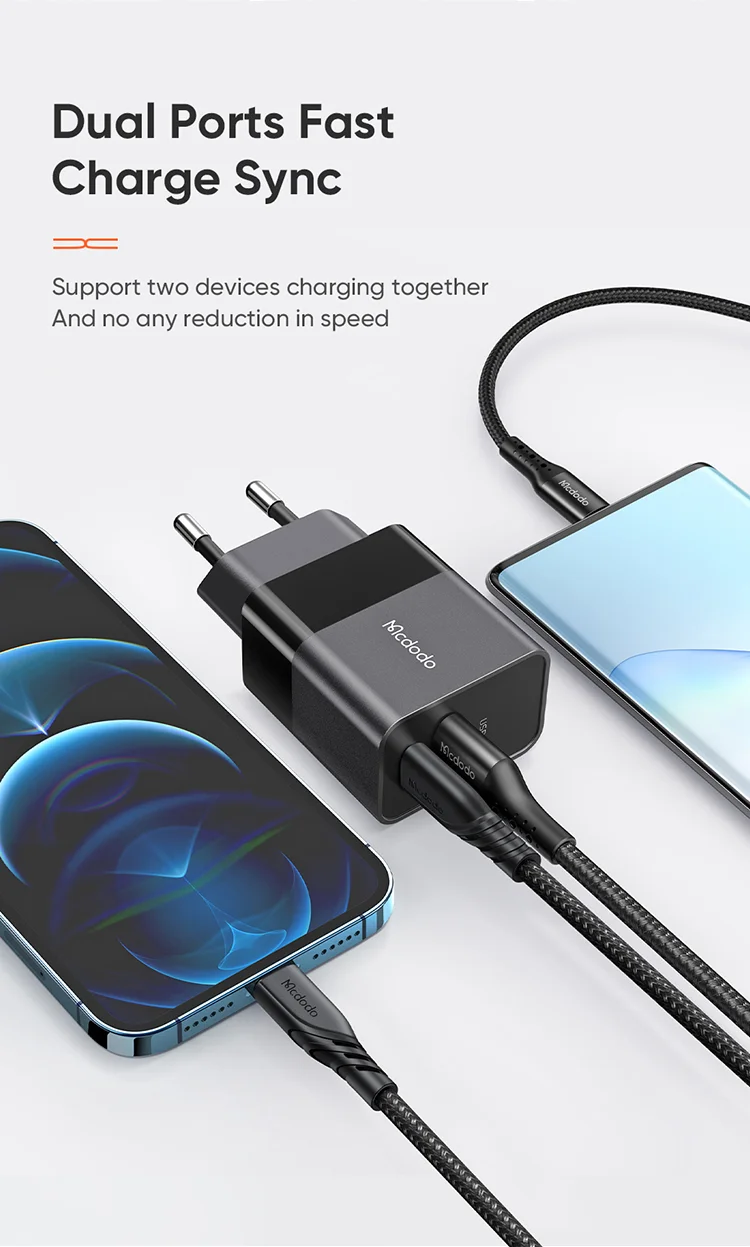 MCDODO MDD Hydrogen Series USB-A + Type-C PD 20W Phone Fast Charging Adapter Wall Charger with Cable - EU Plug/Black 7
