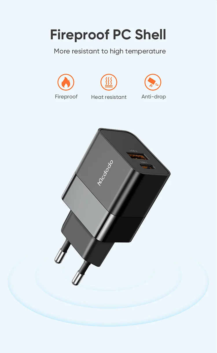MCDODO MDD Hydrogen Series USB-A + Type-C PD 20W Phone Fast Charging Adapter Wall Charger with Cable - EU Plug/Black 9