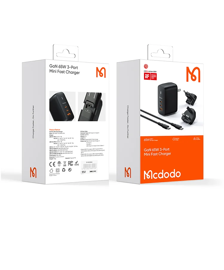 MCDODO CH-8442 MDD Mecha Series US Plug 65W GaN3.0 Dual Type-C+USB Travel Charger Adapter with Type-C Cable and EU+UK Plug - Black 18