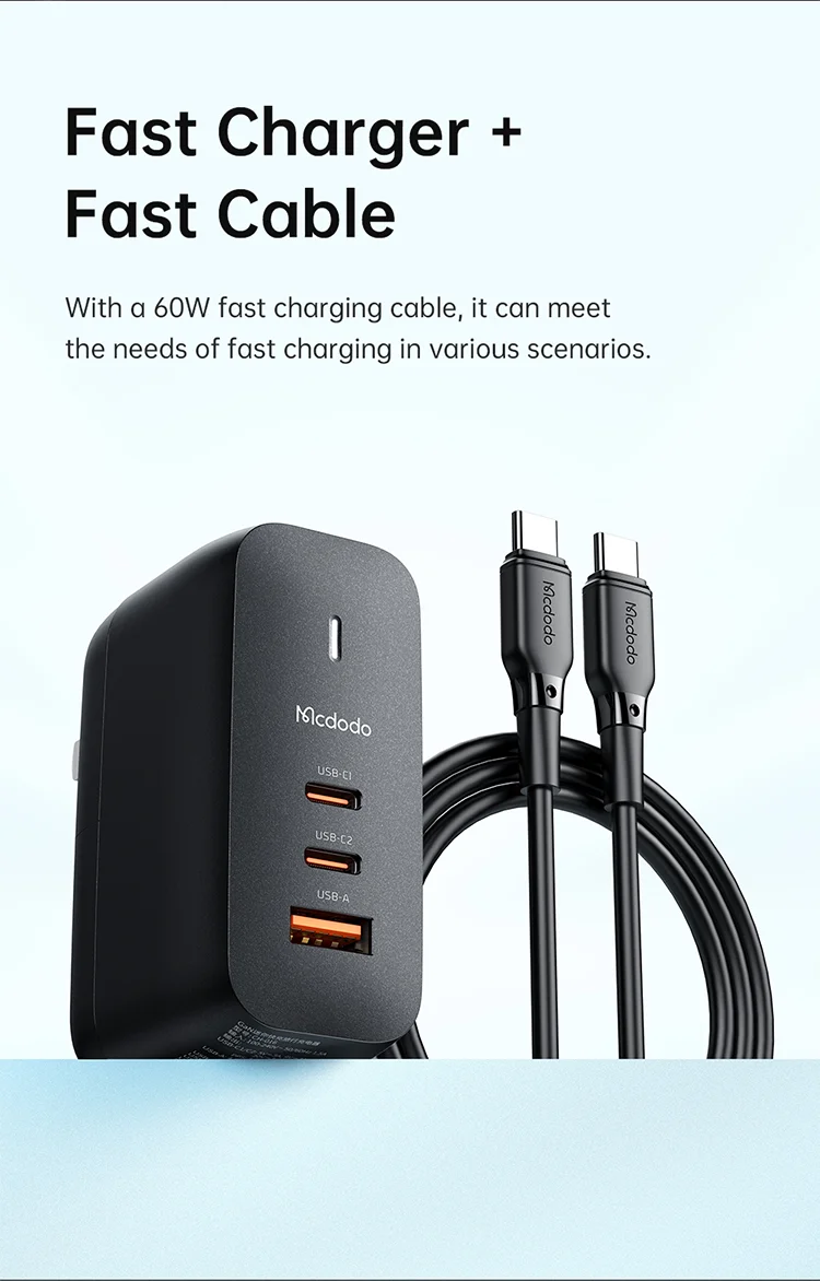 MCDODO CH-8442 MDD Mecha Series US Plug 65W GaN3.0 Dual Type-C+USB Travel Charger Adapter with Type-C Cable and EU+UK Plug - Black 3