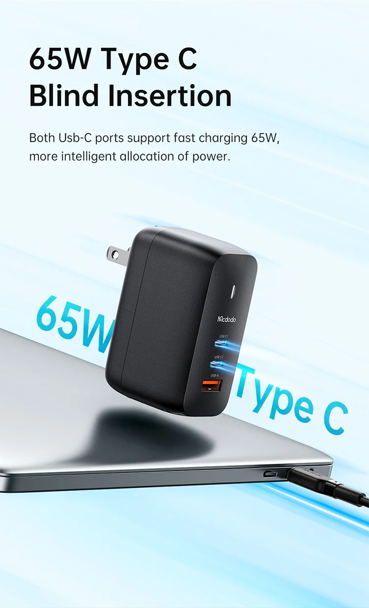 MCDODO CH-8442 MDD Mecha Series US Plug 65W GaN3.0 Dual Type-C+USB Travel Charger Adapter with Type-C Cable and EU+UK Plug - Black 6