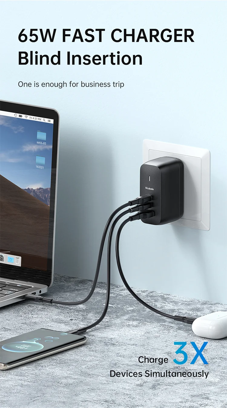 MCDODO CH-8442 MDD Mecha Series US Plug 65W GaN3.0 Dual Type-C+USB Travel Charger Adapter with Type-C Cable and EU+UK Plug - Black 9