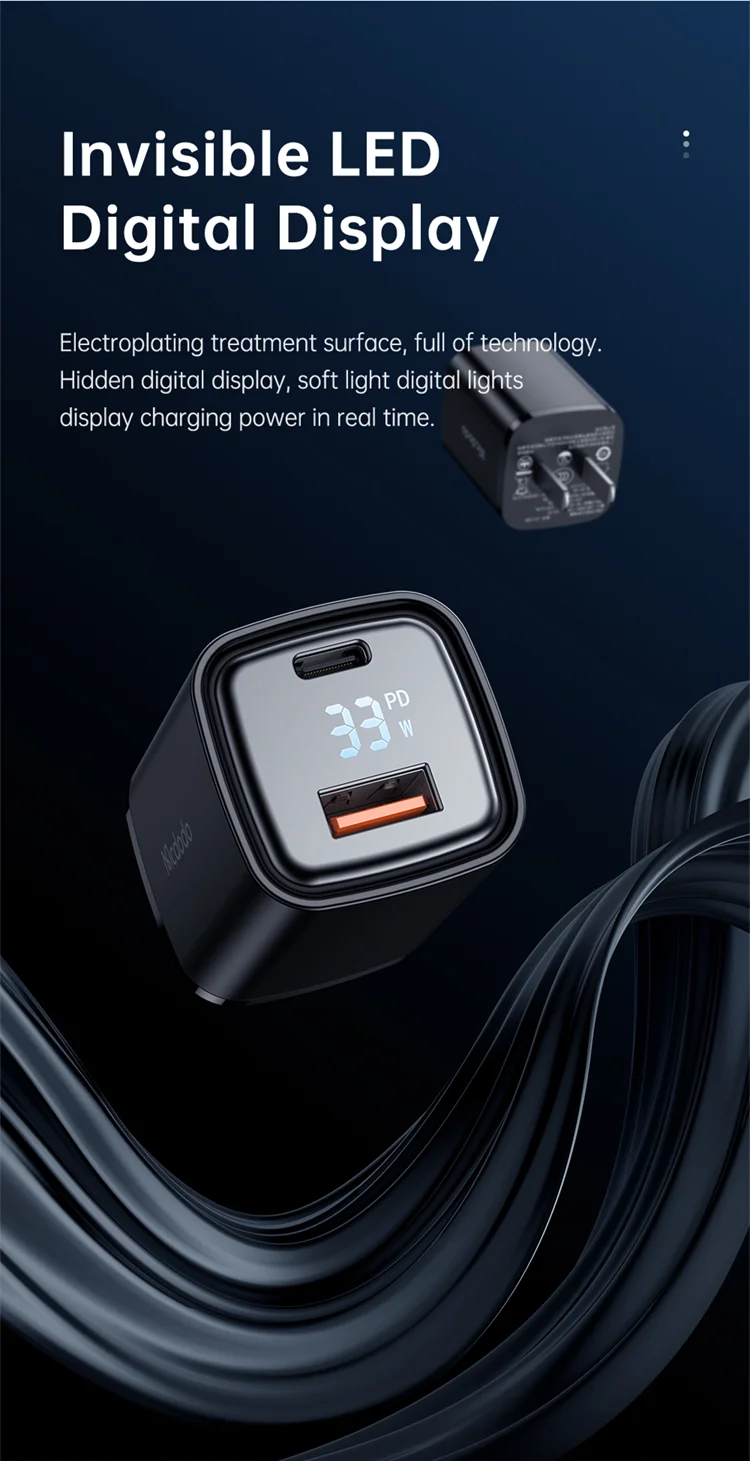 MCDODO Graphite Series 33W USB-A + Type-C Digital Display Dual Port Fast Charging Adapter Wall Charger - US Plug 3