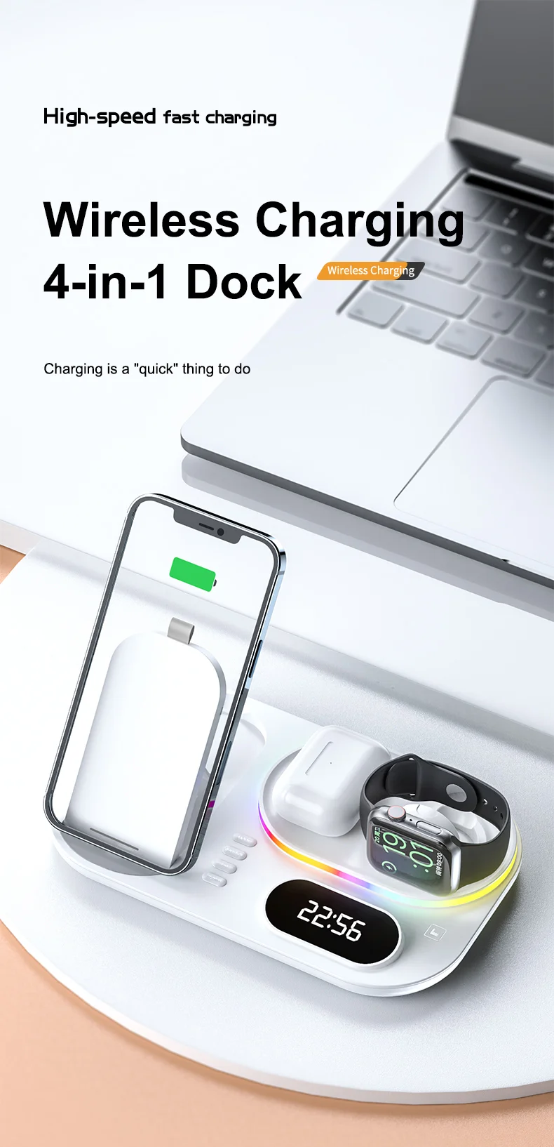 A06 Station de charge 4 en 1 pour téléphone mobile Chargeur sans fil multifonction avec affichage d'horloge / Lumière RVB (Version IP) - Blanc 1