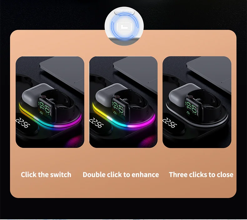 A06 Station de charge 4 en 1 pour téléphone mobile Chargeur sans fil multifonction avec affichage d'horloge / Lumière RVB (Version IP) - Blanc 12