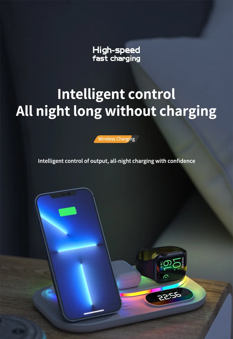 A06 Station de charge 4 en 1 pour téléphone mobile Chargeur sans fil multifonction avec affichage d'horloge / Lumière RVB (Version IP) - Blanc 15