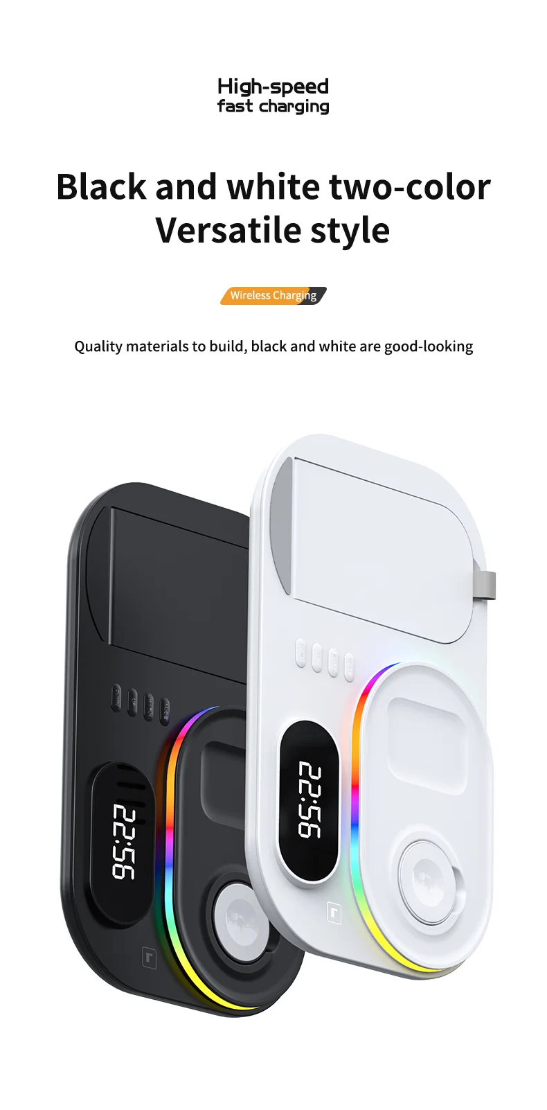 A06 Station de charge 4 en 1 pour téléphone mobile Chargeur sans fil multifonction avec affichage d'horloge / Lumière RVB (Version IP) - Blanc 19