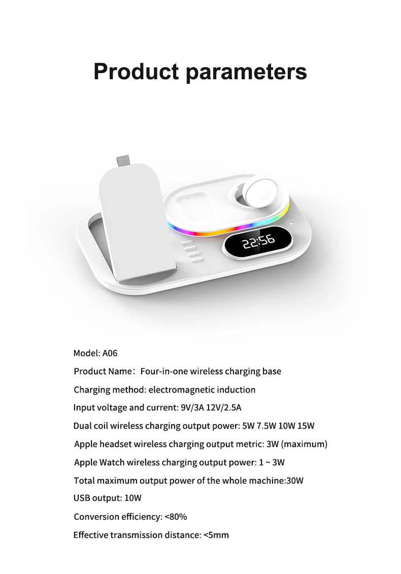 A06 Station de charge 4 en 1 pour téléphone mobile Chargeur sans fil multifonction avec affichage d'horloge / Lumière RVB (Version IP) - Blanc 20