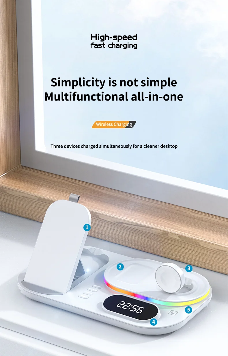 A06 Station de charge 4 en 1 pour téléphone mobile Chargeur sans fil multifonction avec affichage d'horloge / Lumière RVB (Version IP) - Blanc 3