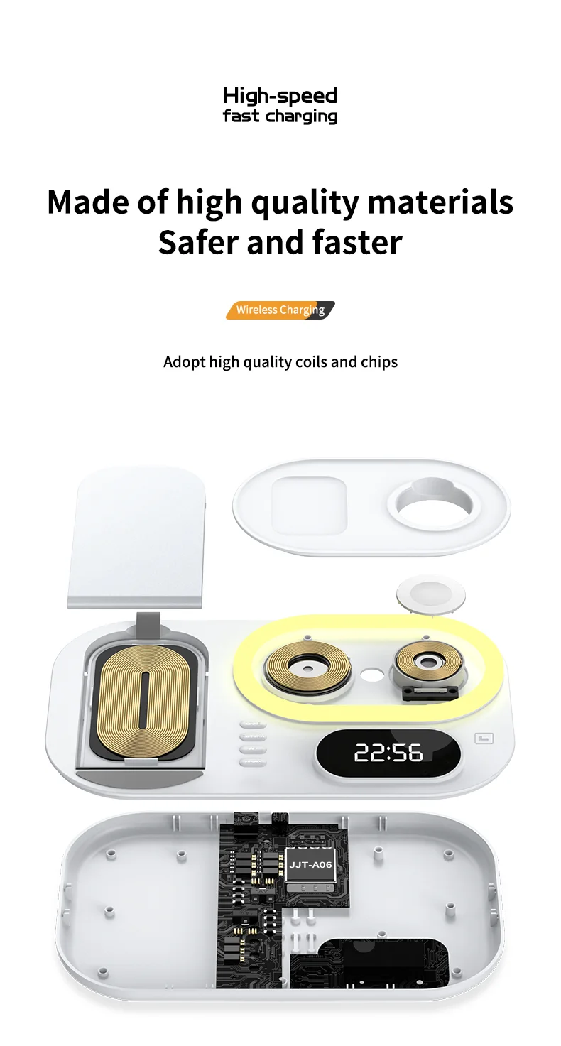 A06 Station de charge 4 en 1 pour téléphone mobile Chargeur sans fil multifonction avec affichage d'horloge / Lumière RVB (Version IP) - Blanc 5