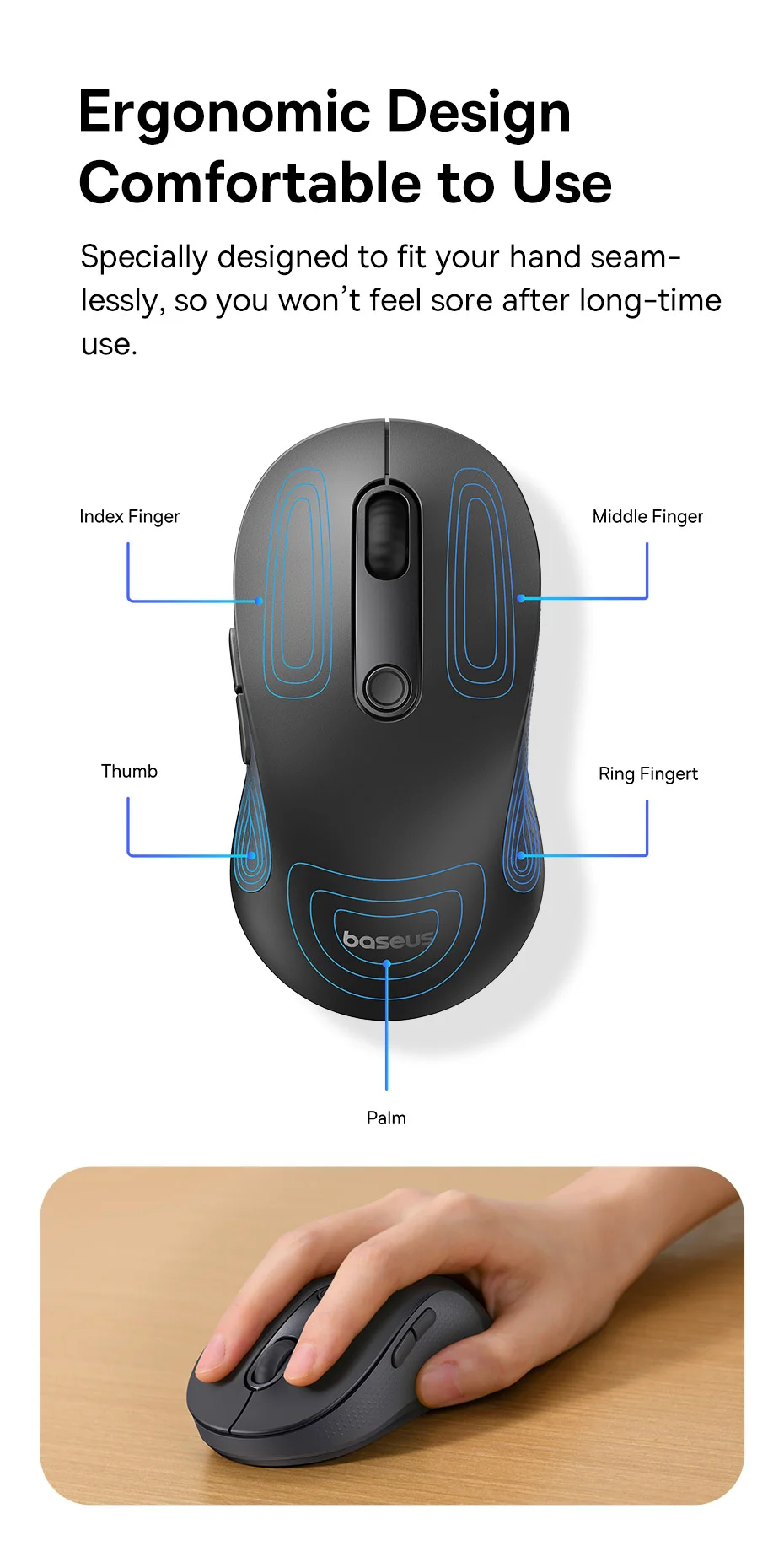 BASEUS F02 Ergonomic 2.4G Wireless + Bluetooth Computer Laptop Mouse (without Battery) - Black 4