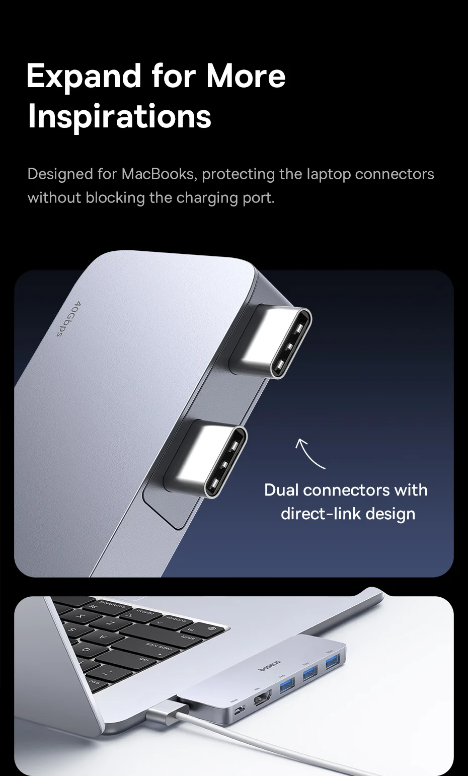 Adaptateur Hub USB-C série BASEUS UltraJoy jusqu'à une sortie HD 4K + USB-C 40 Gbps + 3xUSB 3.0 3