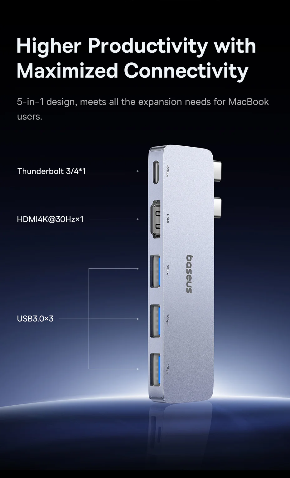 Adaptateur Hub USB-C série BASEUS UltraJoy jusqu'à une sortie HD 4K + USB-C 40 Gbit/s + 3xUSB 3.0 6