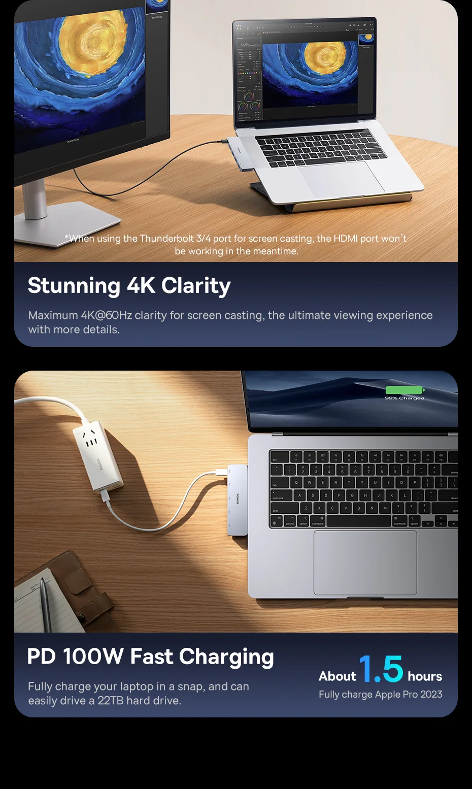 Adaptateur Hub USB-C série BASEUS UltraJoy jusqu'à une sortie HD 4K + USB-C 40 Gbps + 3xUSB 3.0 8