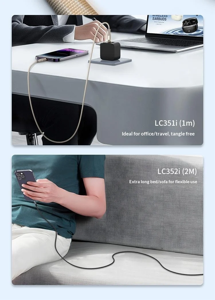 LDNIO LC352C 2m USB-C to USB-C Braided Cable 65W PD Fast Charging Data Cable with Reinforced Metal Connector for Laptop Phone - Black 1