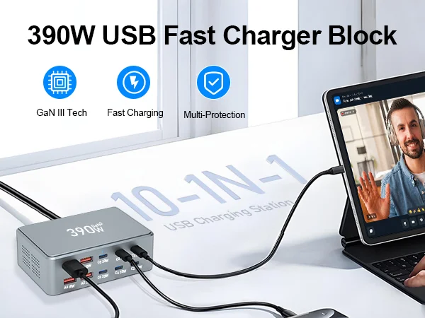390W GaN Charger Type-C + USB-A 10 Ports Desktop Charging Station for Phone Tablet Laptop - US Plug 1