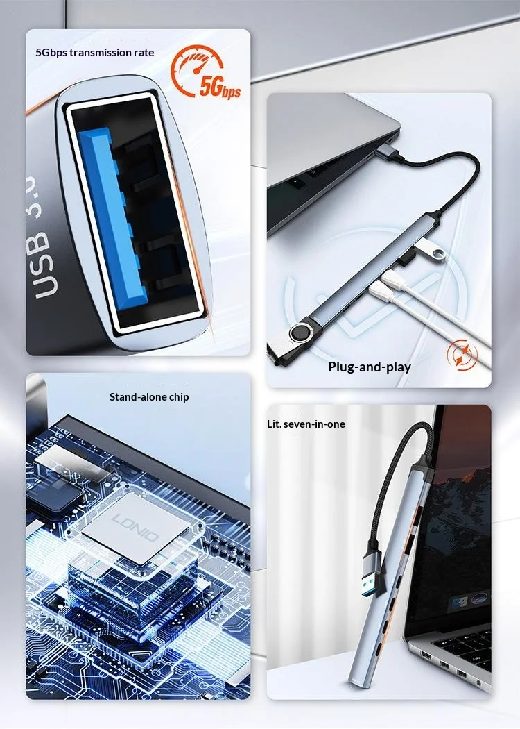 LDNIO DS-87U 7 in 1 USB-A Hub Aluminum Alloy USB 3.0 + 2x USB 2.0 + 4x Type-C 2.0 Splitter - Grey 4