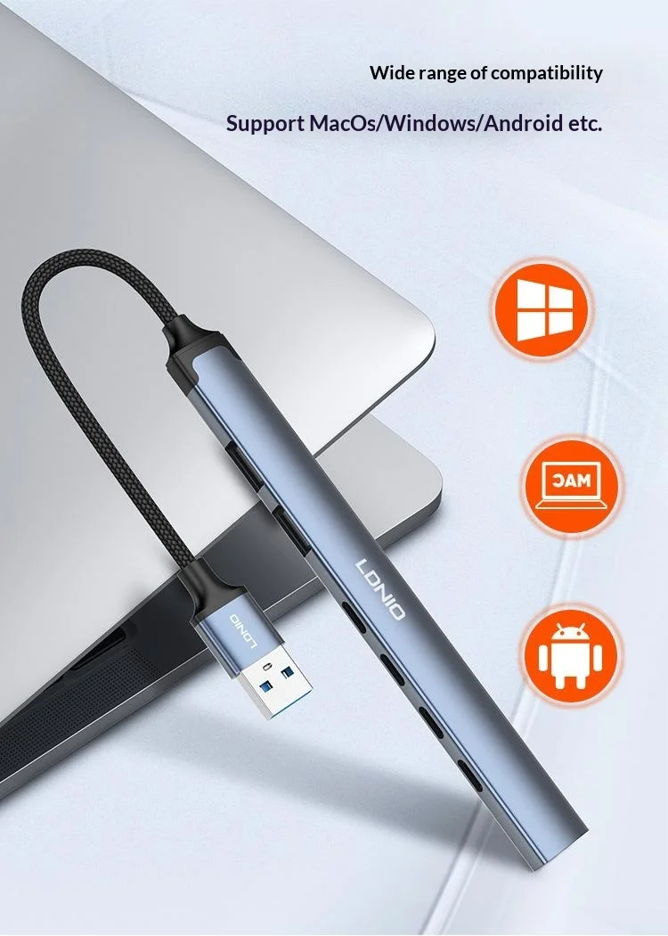 LDNIO DS-87U 7 in 1 USB-A Hub Aluminum Alloy USB 3.0 + 2x USB 2.0 + 4x Type-C 2.0 Splitter - Grey 7