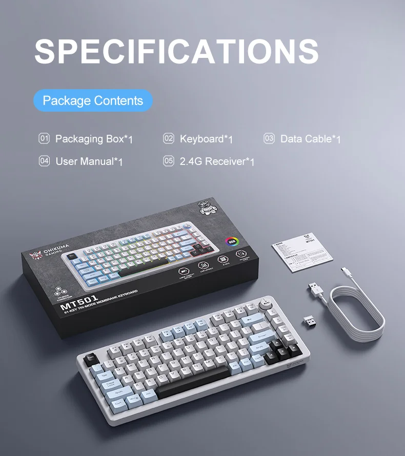 ONIKUMA MT501 81 Keys Gaming Keyboard 3-Mode Wireless 2.4G Bluetooth-compatible Type-C RGB Backlight PC Keyboard - White 12