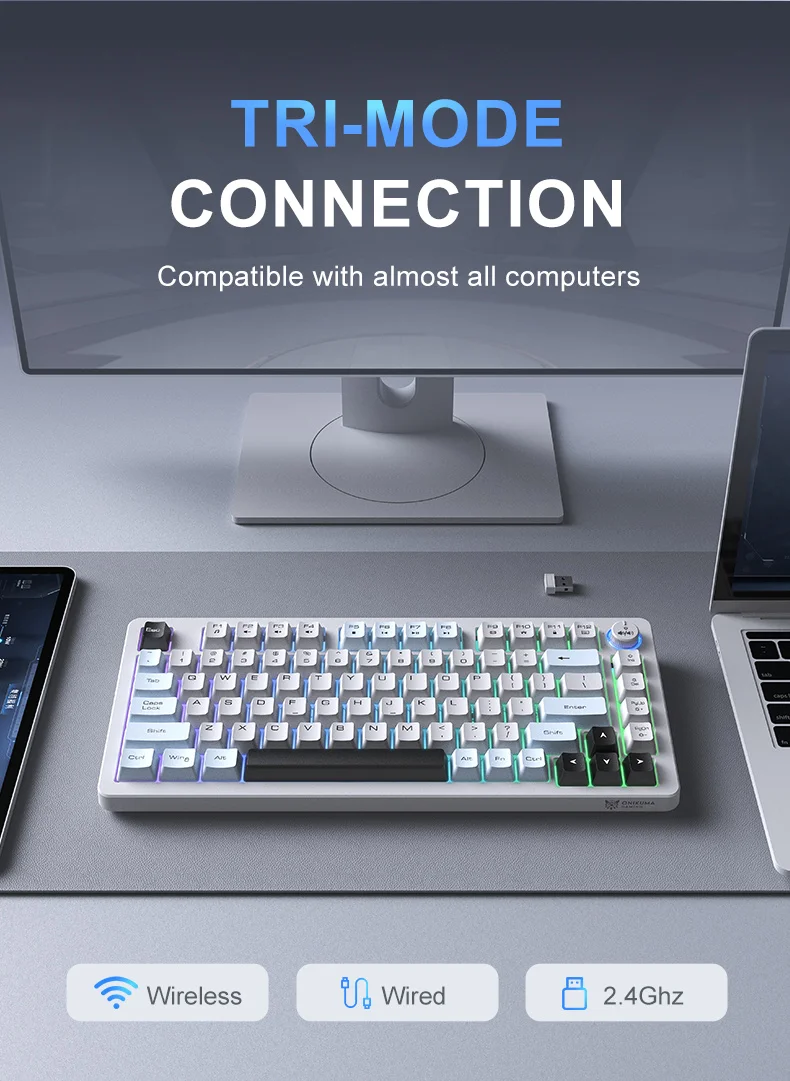 ONIKUMA MT501 81 Keys Gaming Keyboard 3-Mode Wireless 2.4G Bluetooth-compatible Type-C RGB Backlight PC Keyboard - White 2