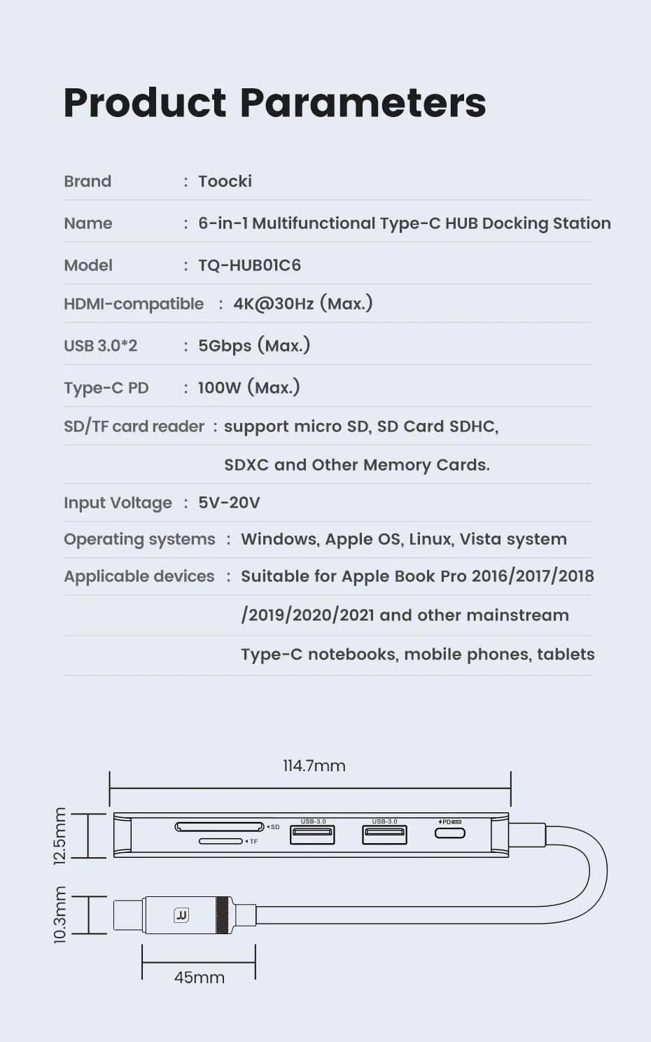TOOCKI TQ-HUB01C6 6 in 1 USB-C HUB Type-C to HD 4K USB3.0 PD 100W Fast Charging SD/TF Card Reader Dock Station - Grey 12