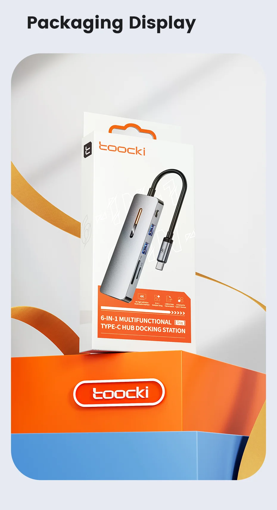 TOOCKI TQ-HUB01C6 6 in 1 USB-C HUB Type-C to HD 4K USB3.0 PD 100W Fast Charging SD/TF Card Reader Dock Station - Grey 13