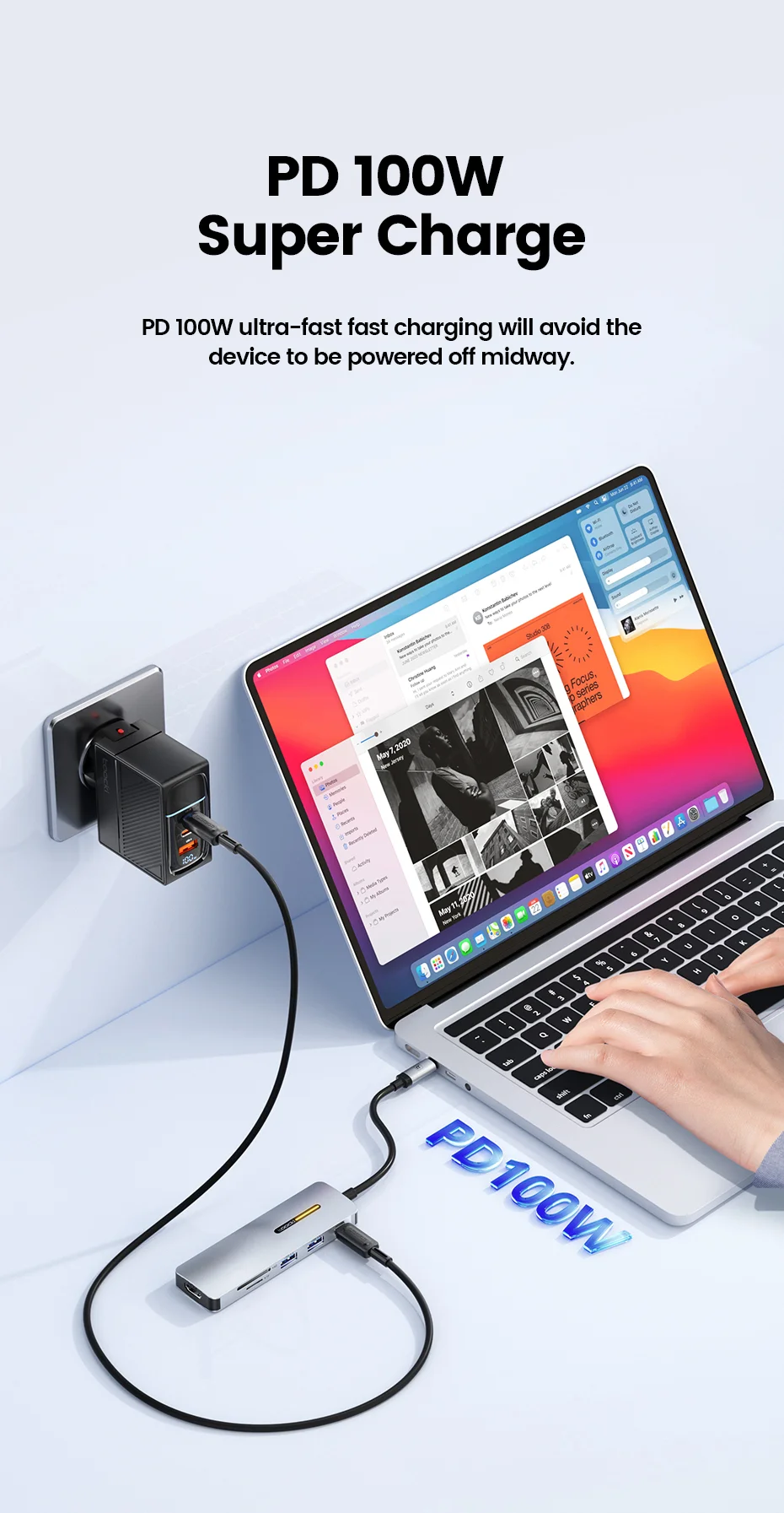 TOOCKI TQ-HUB01C6 6 in 1 USB-C HUB Type-C to HD 4K USB3.0 PD 100W Fast Charging SD/TF Card Reader Dock Station - Grey 6