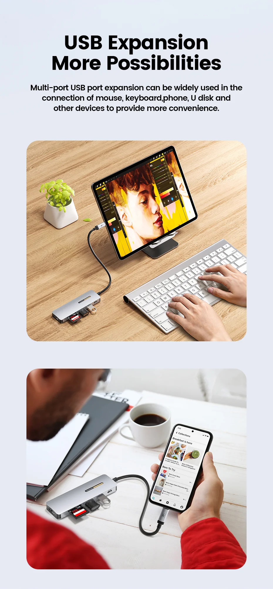 TOOCKI TQ-HUB01C6 6 in 1 USB-C HUB Type-C to HD 4K USB3.0 PD 100W Fast Charging SD/TF Card Reader Dock Station - Grey 7