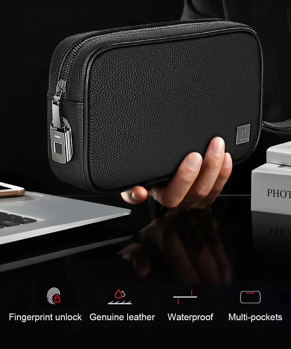 WIWU Master Fingerprint Lock Storage Bag Genuine Cow Leather Data Cable Power Bank Carrying Pouch 1