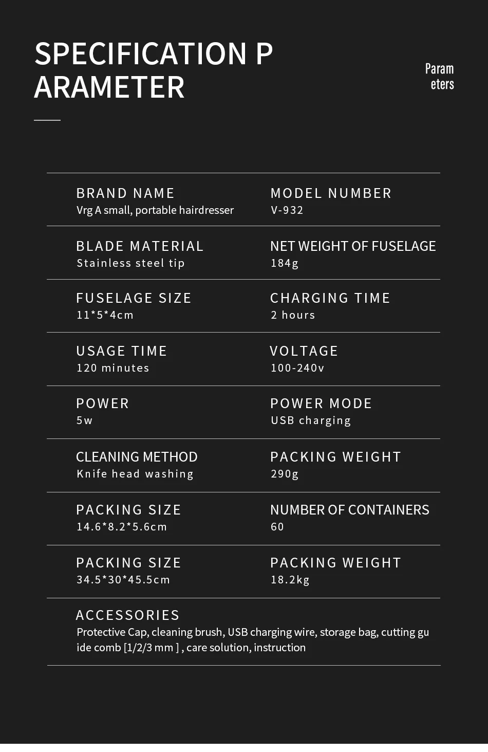 VGR V-932 Professional USB Rechargeable Hair Trimmer Home Travel Men Electric Clipper Haircut Tool 7