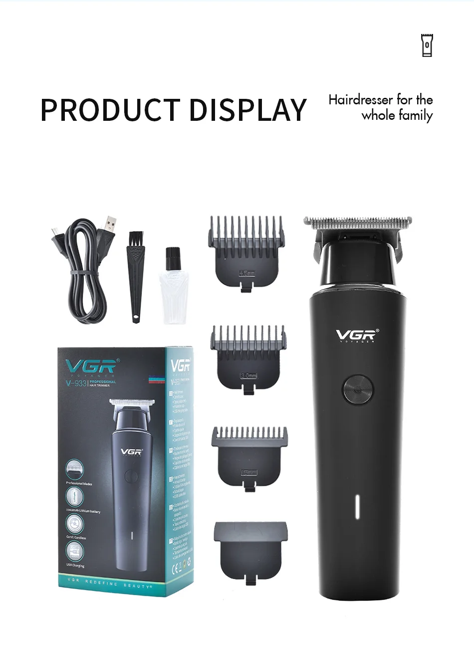 VGR V-933 Professional Hair Electric Clipper Portable Hair Trimmer with Stainless Steel Cutter Haircut Tool for Barber Shop 8