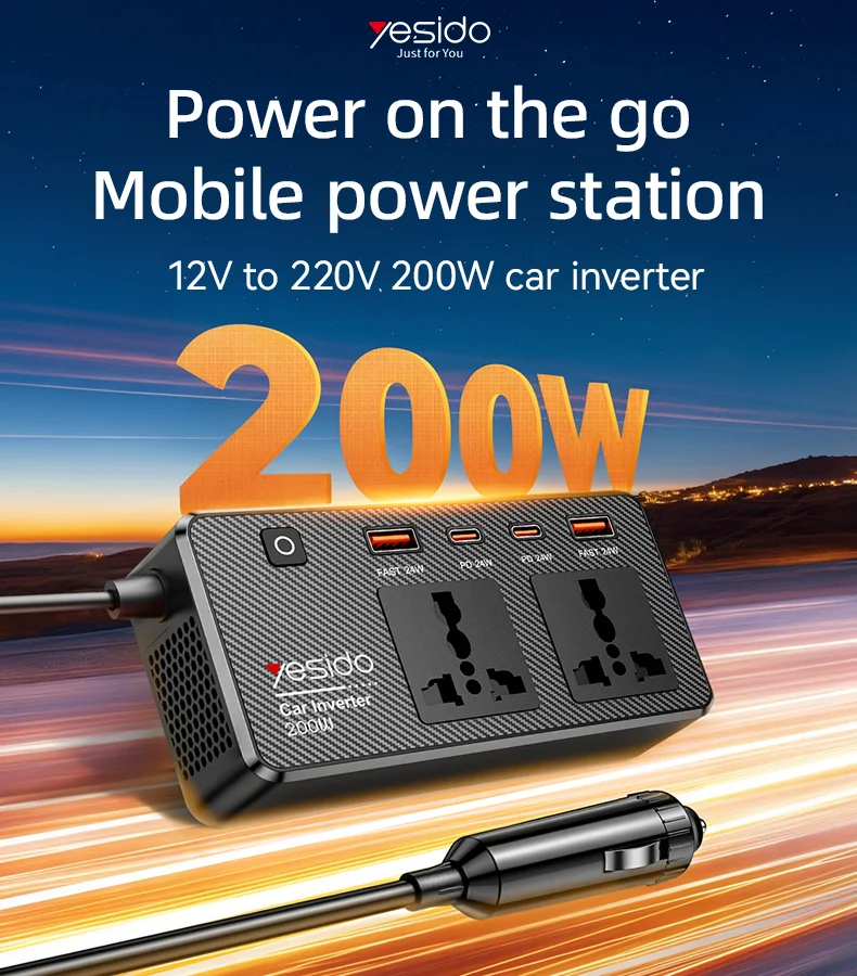 YESIDO VC07 Inversor de Carro de Alta Potência de 200W com Carregador Rápido, 2 Portas AC, 2 Portas USB e 2 Portas Type-C 1