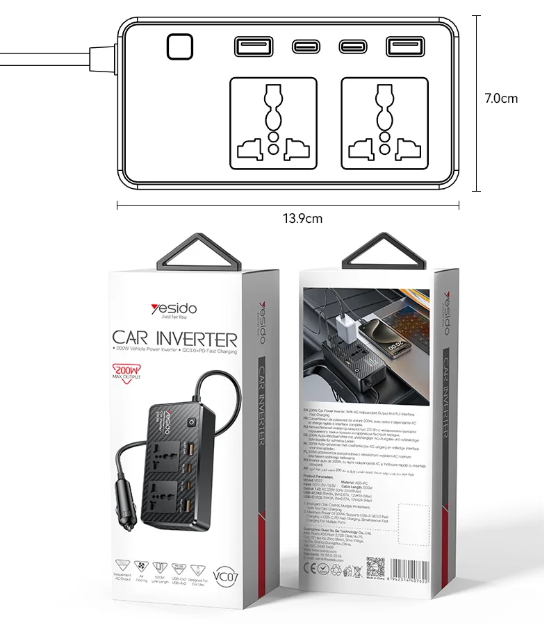 YESIDO VC07 Inversor de Carro de Alta Potência de 200W com Carregador Rápido, 2 Portas AC, 2 Portas USB e 2 Portas Type-C 12