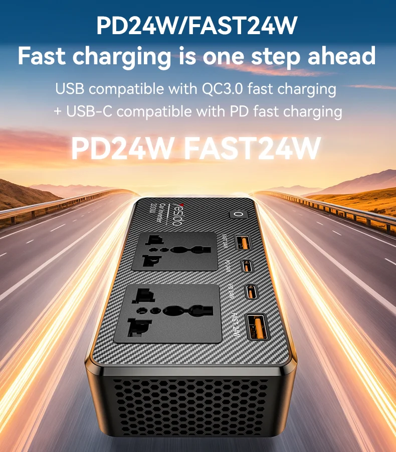 YESIDO VC07 Inversor de Carro de Alta Potência de 200W com Carregador Rápido, 2 Portas AC, 2 Portas USB e 2 Portas Type-C 2