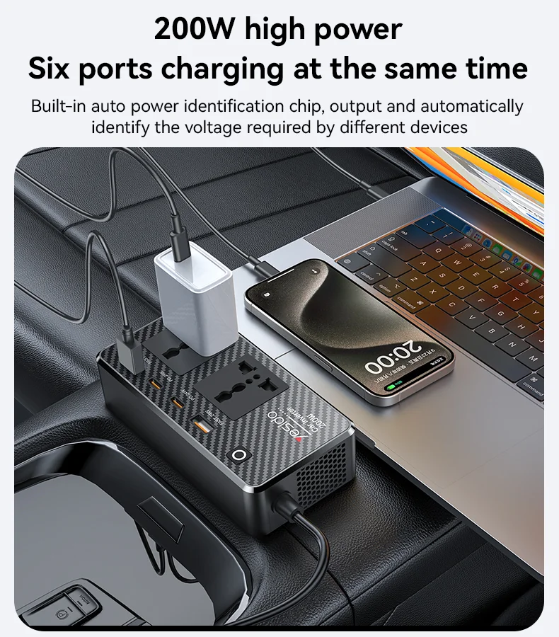 YESIDO VC07 Inversor de Carro de Alta Potência de 200W com Carregador Rápido, 2 Portas AC, 2 Portas USB e 2 Portas Type-C 4