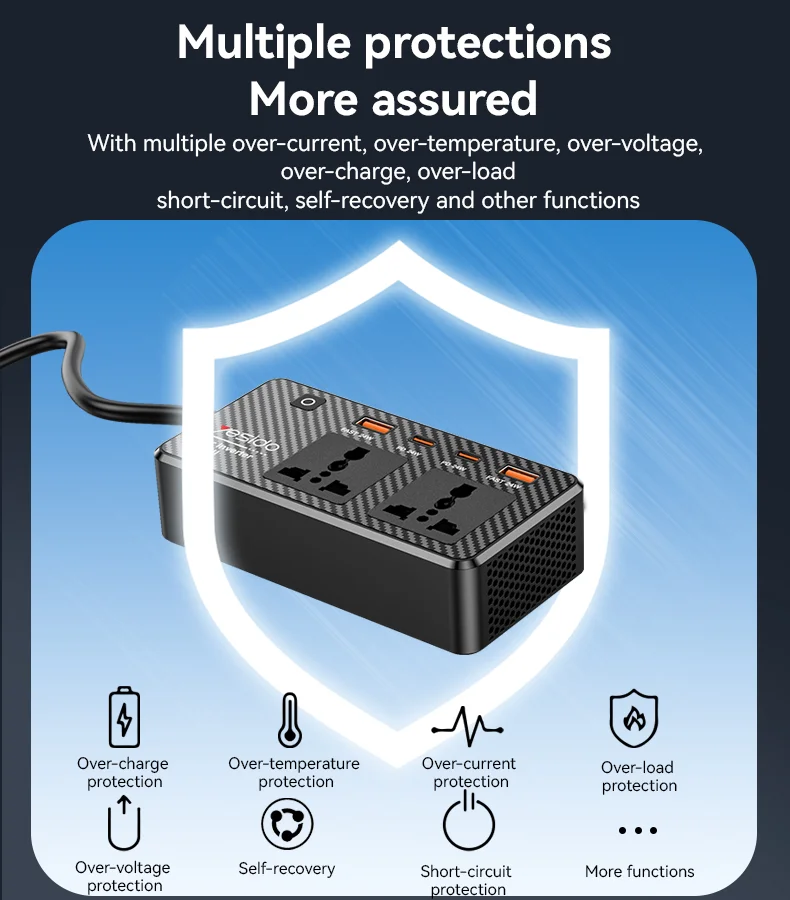 YESIDO VC07 Inversor de Carro de Alta Potência de 200W com Carregador Rápido, 2 Portas AC, 2 Portas USB e 2 Portas Type-C 8